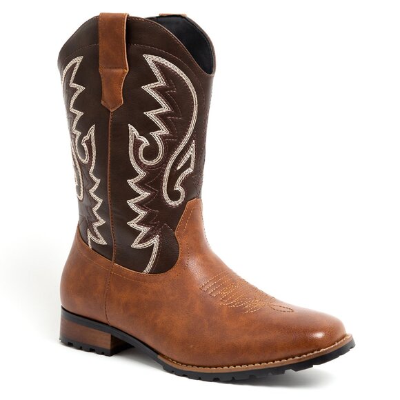 Dark Brown / Tan Men's Cowboy Western Embroidered Square Toe Boots - Picture 1 of 7